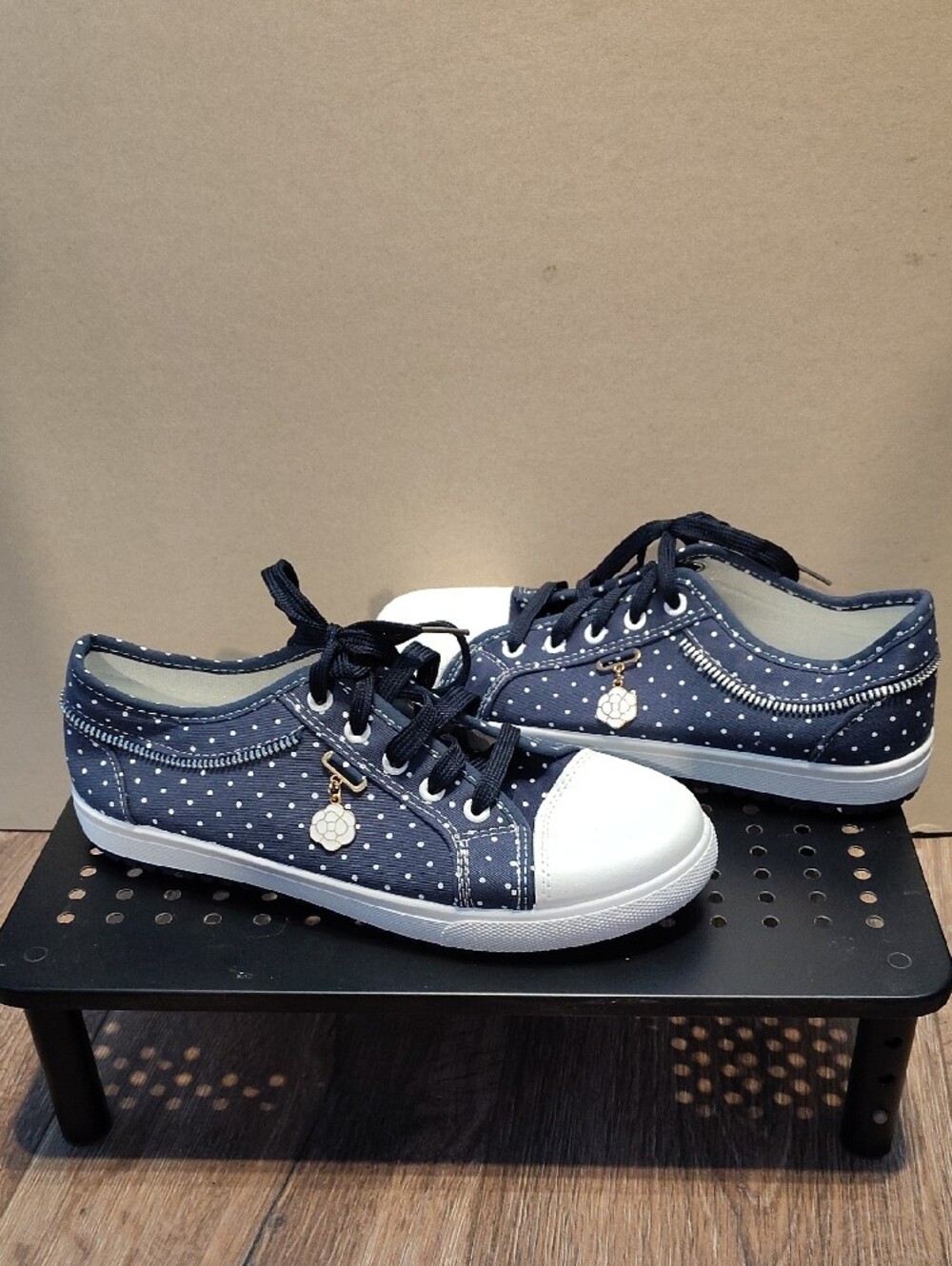 New, Never Worn. Navy Polka Dot Lace-Up Sneakers with Flower Charm - Picture 2 of 5